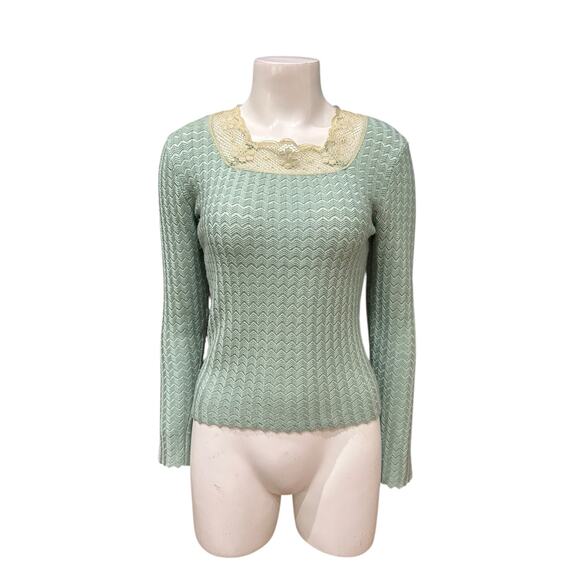 Vintage 1960s Mint Green Knit Top with Lace Collar Long Sleeve Sweater Small - - Picture 1 of 5